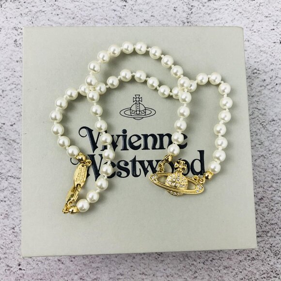 NWT Vivienne westwood gold Orb Pearl Choker Necklace - Picture 3 of 11